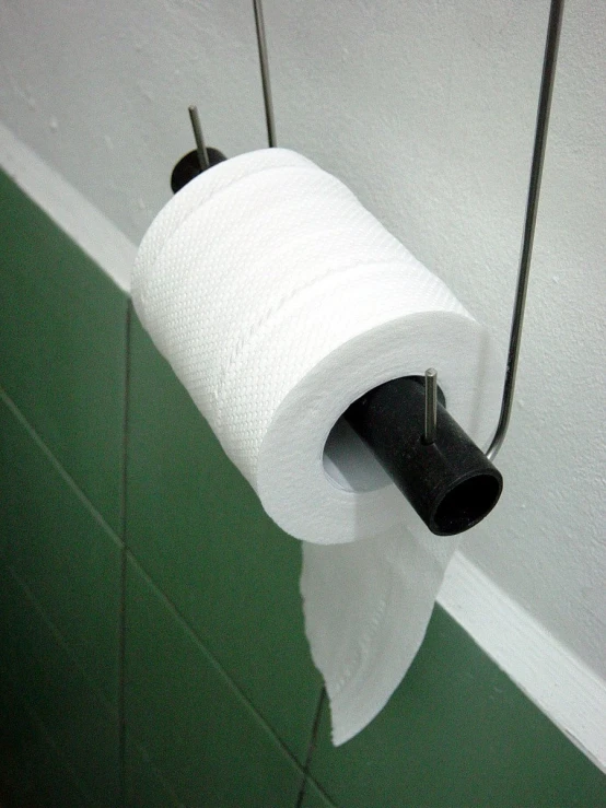 a roll of toilet paper is hanging on a hook in the corner