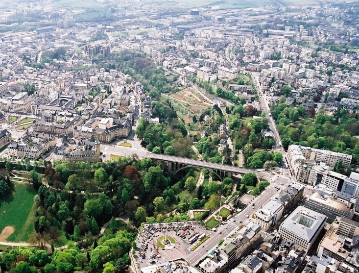 a city seen from above is surrounded by forest