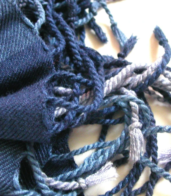 a piece of blue yarn with several ids laying on top