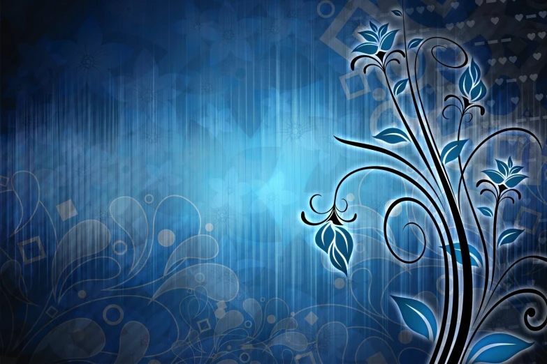a blue background with a bunch of decorative flowers
