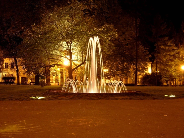 a fountain in a park at night time