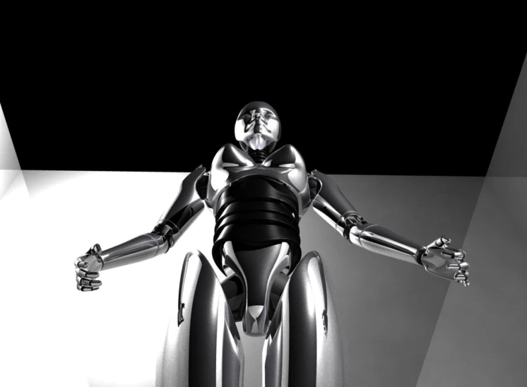 a futuristic woman standing in front of a white and black background