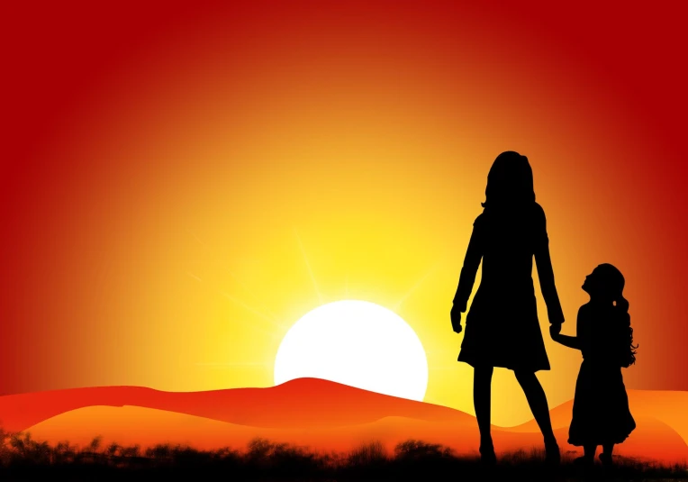 a silhouette of a woman with a child against the sunset
