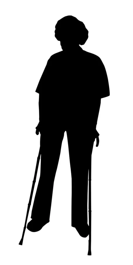 a person with walking stick and cane on a white background