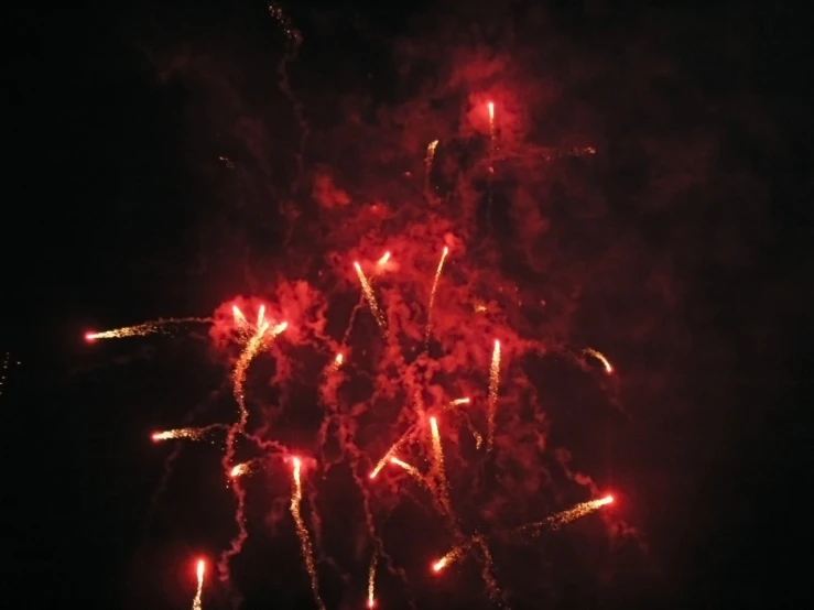 a red firework is shown on the night sky