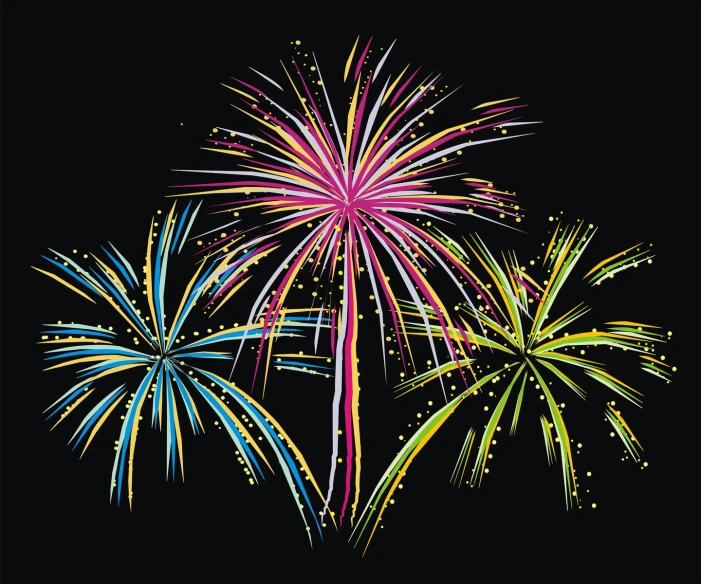 a fireworks display on black with red, yellow and blue fireworks