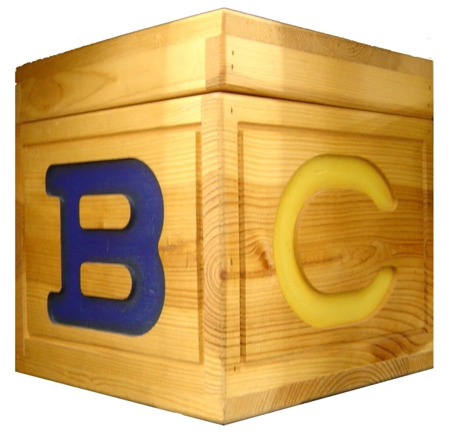 wood block with letter and number made out of blue rubber