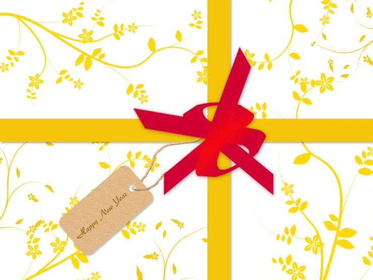 yellow and red gift wrapping with tag on it