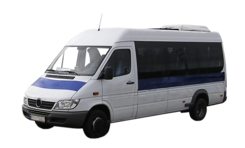 a white and blue bus with two windows