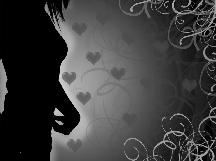 a woman in profile against a black and white background with hearts