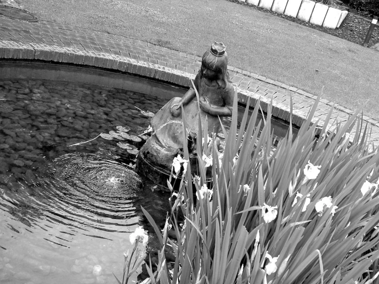 a statue is on the side of a pool with water in it