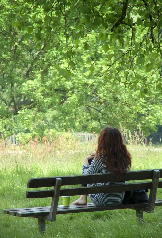 a woman sitting on a park bench next to trees
