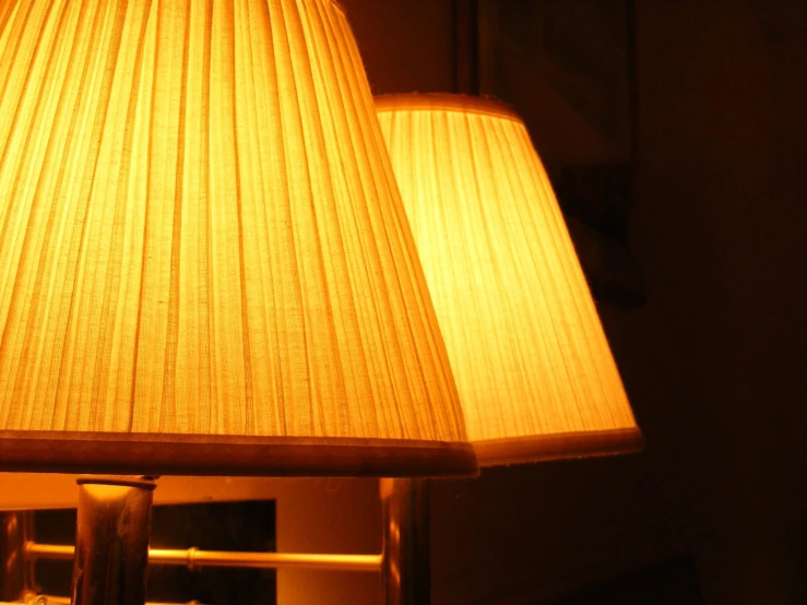 a closeup of a table lamp with a beige shade on top