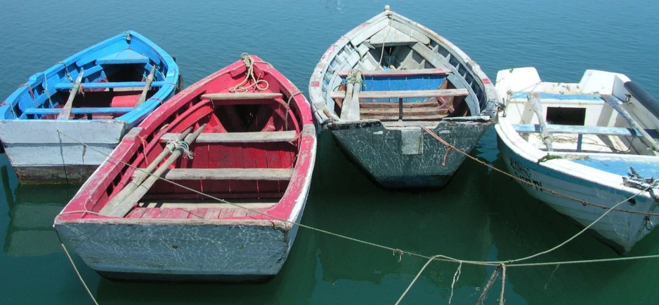 three canoes are docked to shore in water