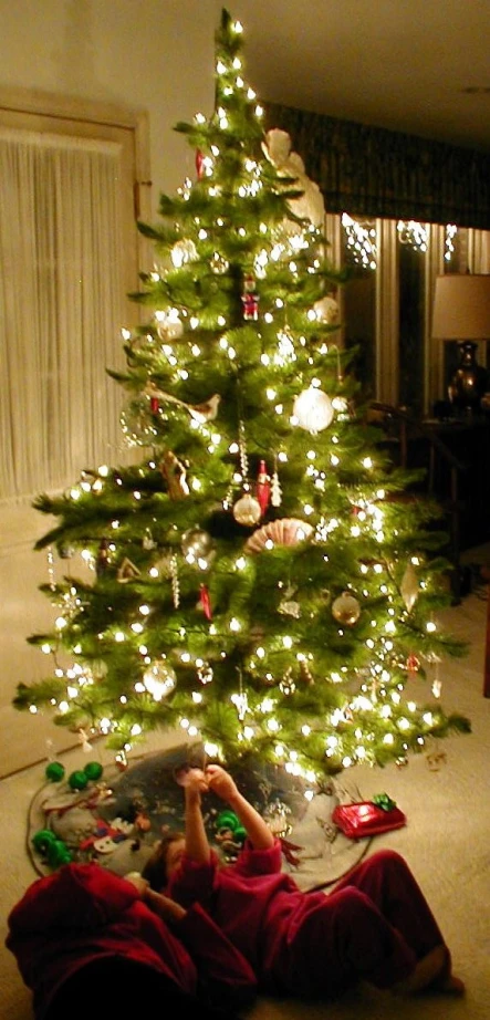 a person laying on the floor with their feet up on the floor in front of a christmas tree