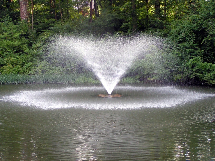 a water sprinkler shooting out of the top of it in a pond