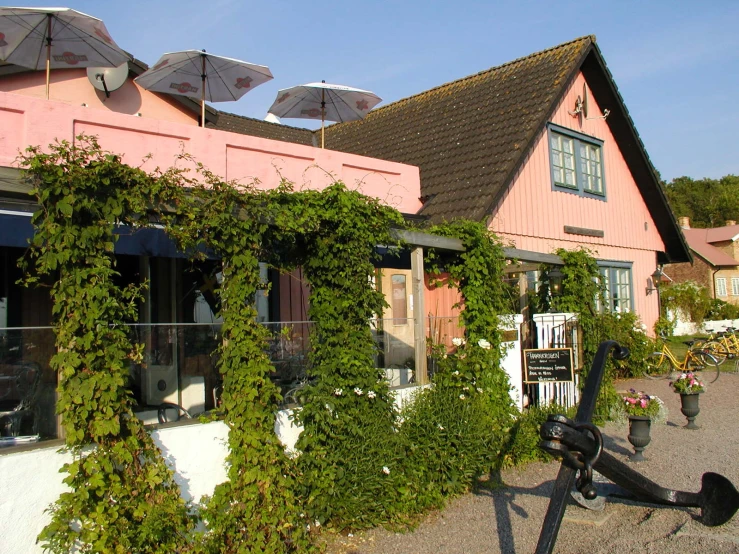 two patio umbrellas over the bar are covering an outside area