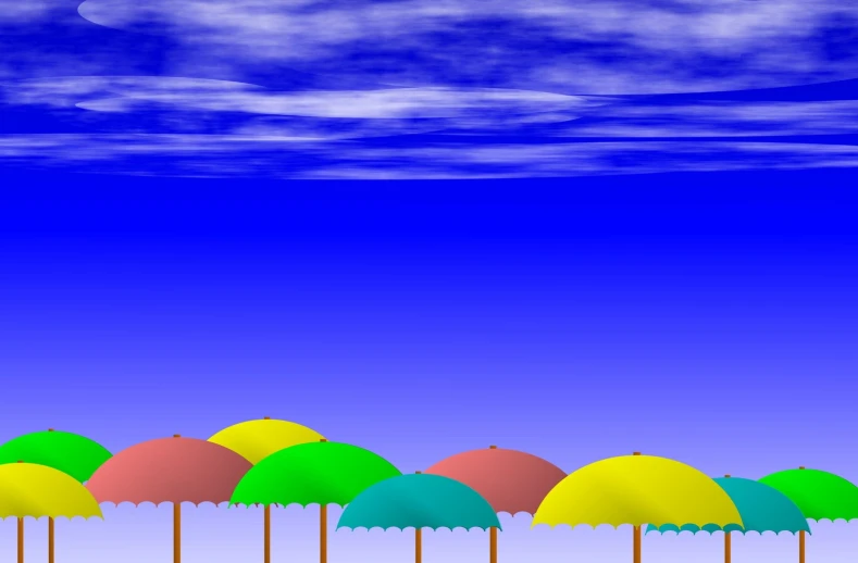 row of colored umbrellas on sandy ground under cloudy sky