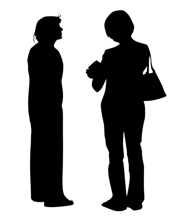 silhouettes of women talking, one in white background