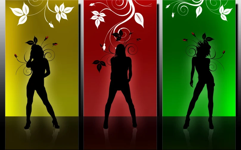 three banners with a woman silhouette and colorful flowers