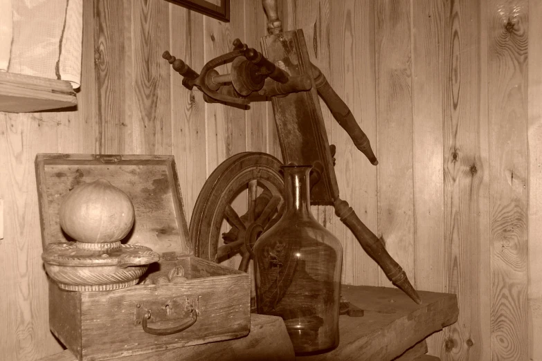 an old time clock and a wooden box