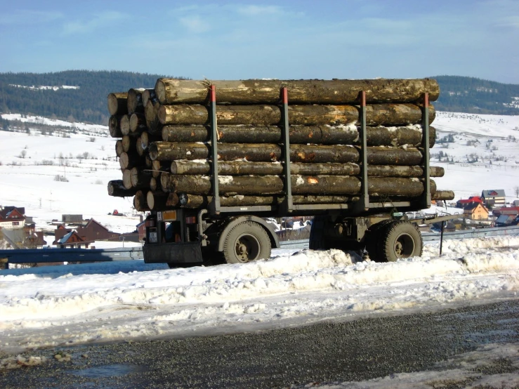 a truck with logs on the back driving along in snow