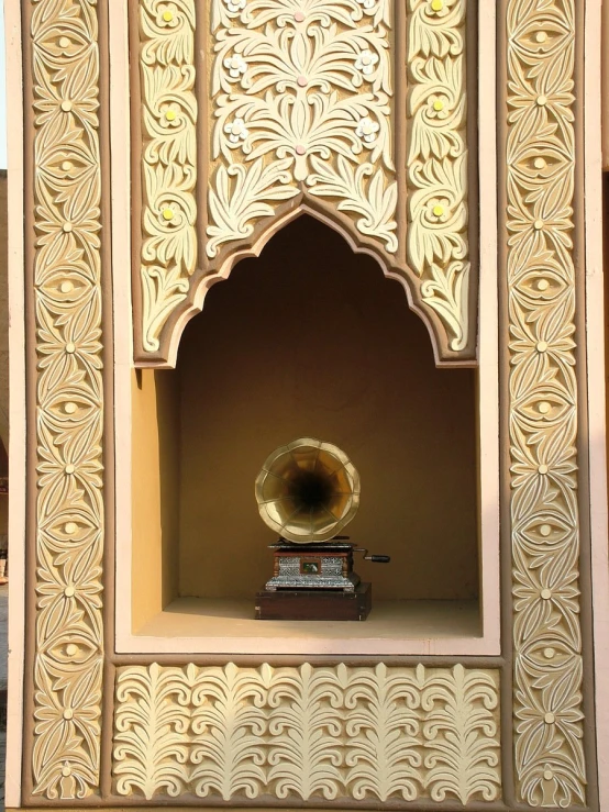 there is a trumpet in a book shelf