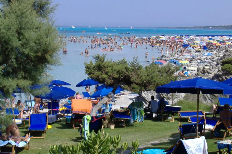 an outdoor beach with lots of people in the ocean