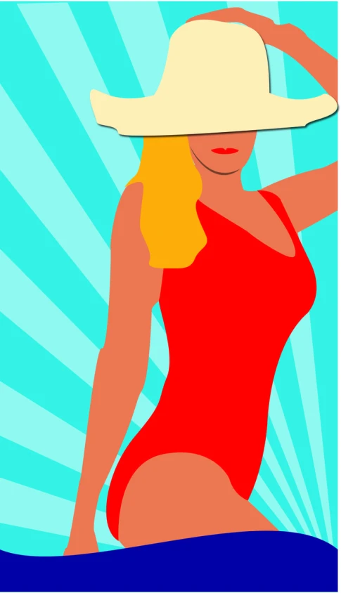 a stylized drawing of a woman in a red bathing suit and white hat