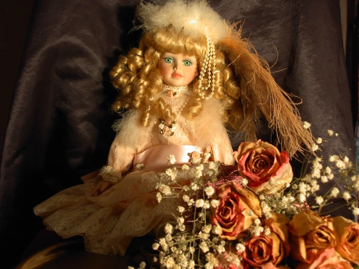 the doll is next to flowers and an arrangement of flowers