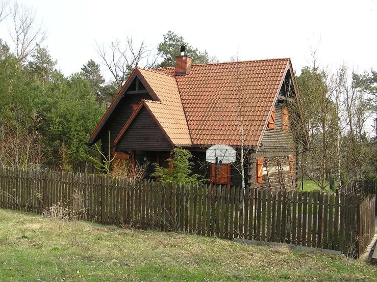 the exterior of a log home behind a wooden fence