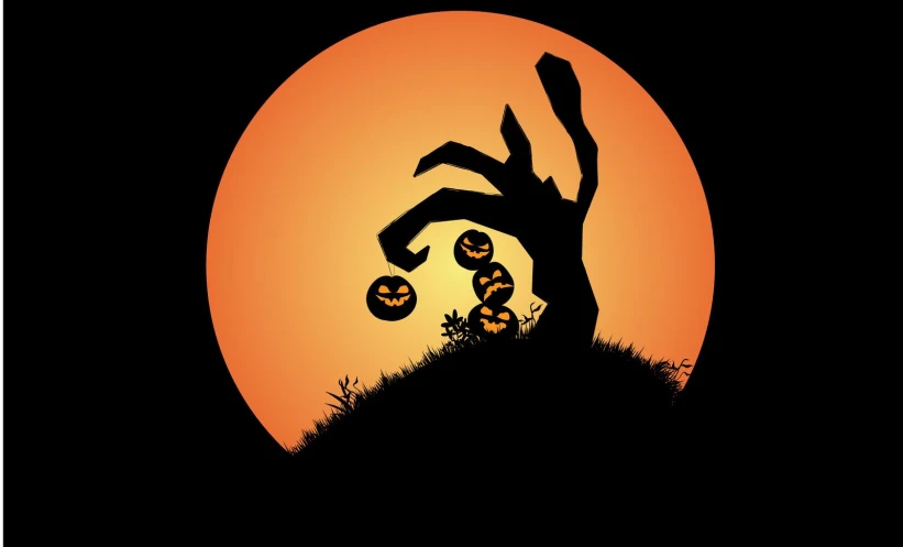 a silhouette of a scary tree and jack o lanterns