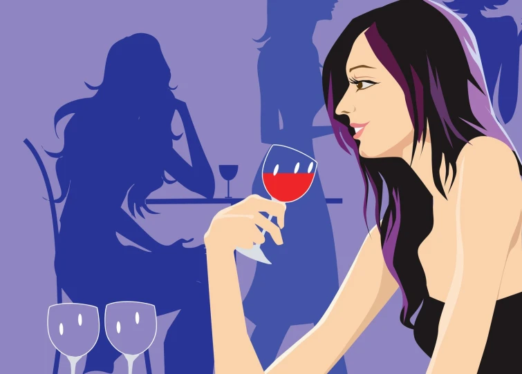 an artistic graphic of a woman at a bar holding a wine glass