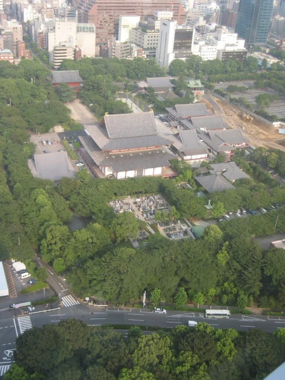 aerial view of residential buildings, forest and city