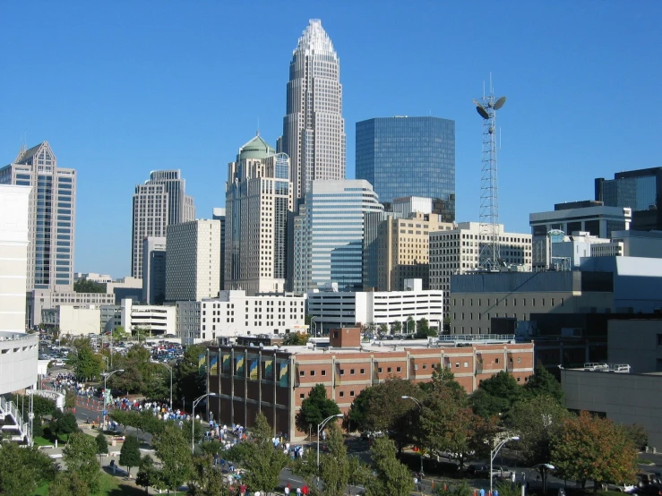 an image of a city skyline with skyscrs and cars