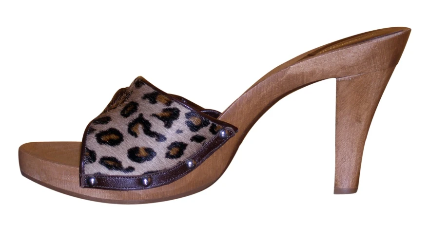 womens high heels with a leopard print and a brown wooden heel