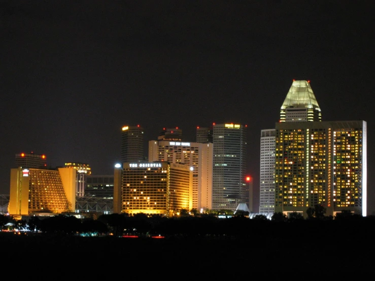 a skyline view of a city with skyscrs at night