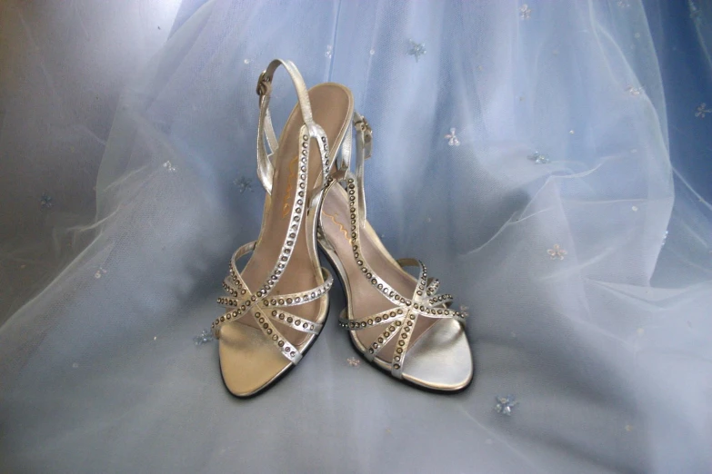 two wedding shoes sitting on a sheer piece of fabric