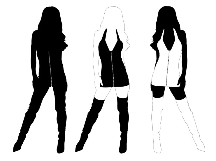 three women silhouettes with high heeled boots and stockings