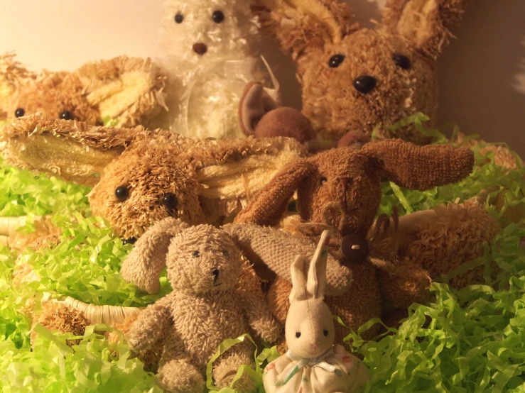 a bunch of stuffed animals are on some greens