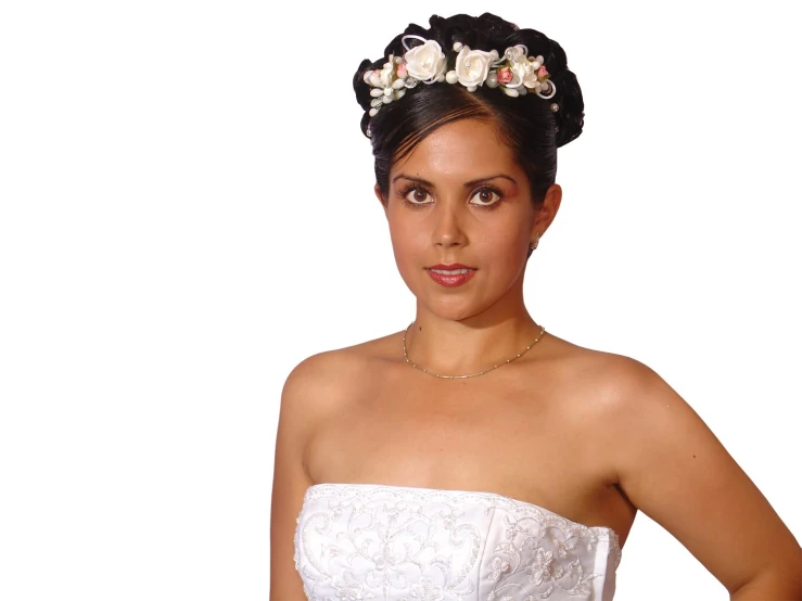 a beautiful lady in a dress and a flowered headpiece