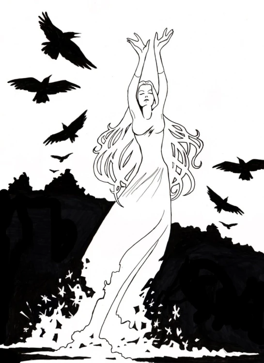 a woman in a long dress dancing and flying