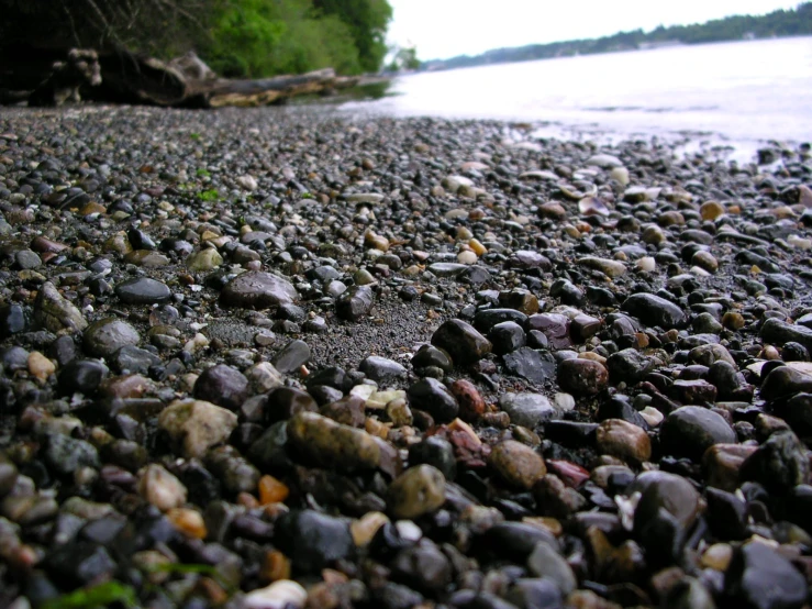 the rock is next to water with trees in the background