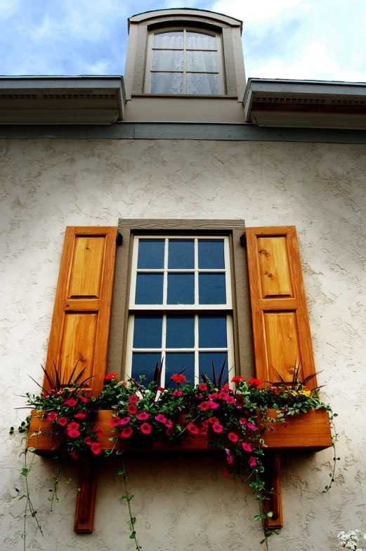 the window and shutters are open with flowers in them