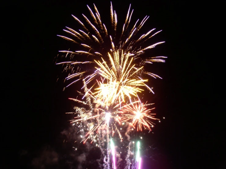 several large fireworks are lit up over a crowd