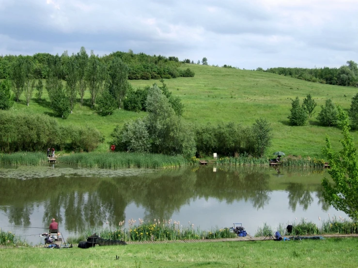 a grassy landscape with several people sitting by the pond