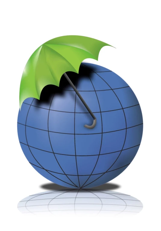 a green umbrella stuck on the blue globe