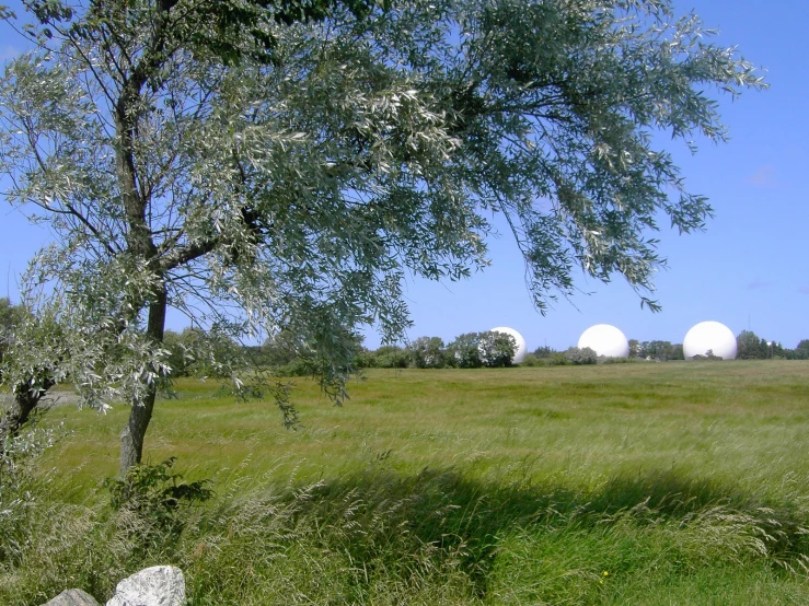 a field that has some big white balls in the sky