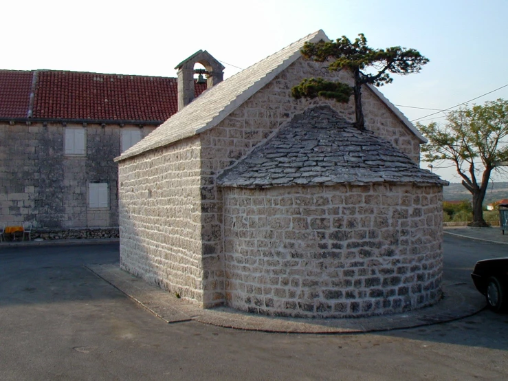 the large round building has a tree growing on top