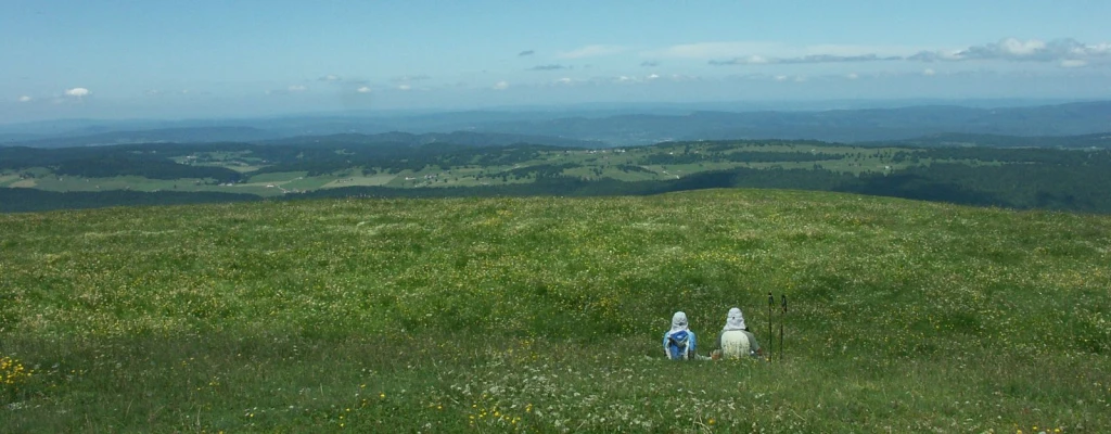 two people sitting in the grass on top of a hill